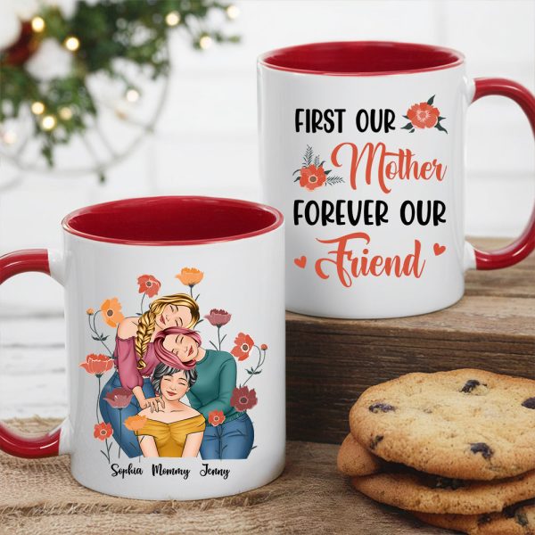 Personalized Gift for Mother or Daughter Ceramic Mug Featuring Hugging Scene with 'First Our Mother, Forever Our Friend'
