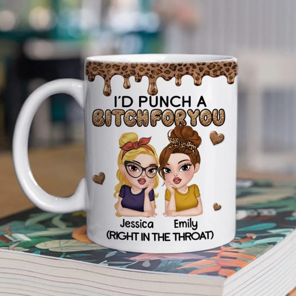 Personalized Sassy Best Friend Ceramic Mug With Cartoon Besties And Hearts, Funny Unique Gift For Coworker Or BFF