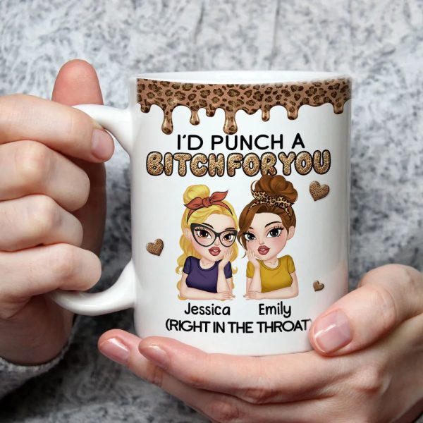 Personalized Sassy Best Friend Ceramic Mug With Cartoon Besties And Hearts, Funny Unique Gift For Coworker Or BFF