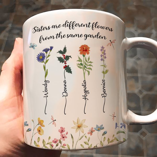 Personalized Sisters Mug with Birth Flowers Ceramic Gift