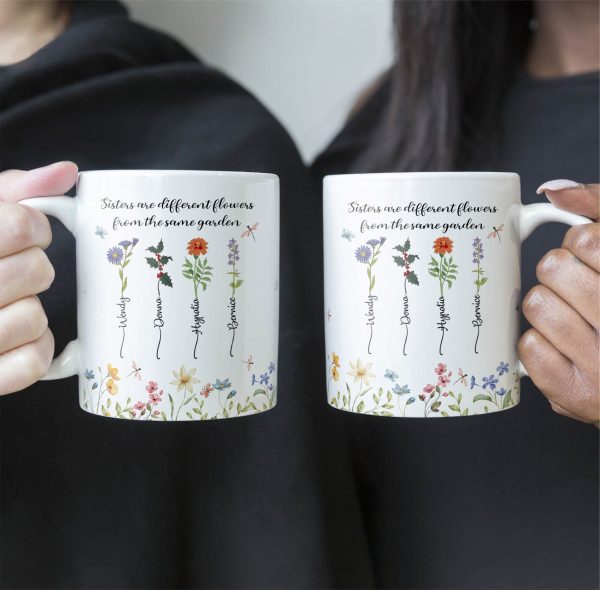 Personalized Sisters Mug with Birth Flowers Ceramic Gift