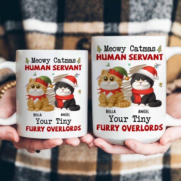 Personalized White Ceramic Mug for Cat Lovers Meowy Catmas Tiny Furry Overlords Design Funny Custom Gift for Your Human Servant
