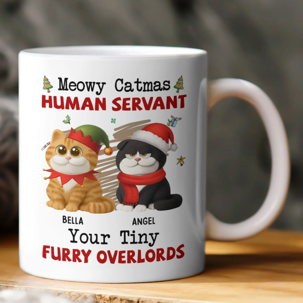 Personalized White Ceramic Mug for Cat Lovers Meowy Catmas Tiny Furry Overlords Design Funny Custom Gift for Your Human Servant