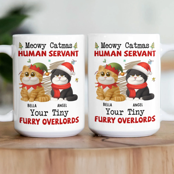 Personalized White Ceramic Mug for Cat Lovers Meowy Catmas Tiny Furry Overlords Design Funny Custom Gift for Your Human Servant