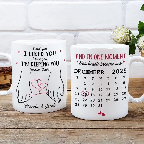 Personalized White Ceramic Mug for Couples with Holding Hands Art, Custom Date, Romantic Keepsake Gift
