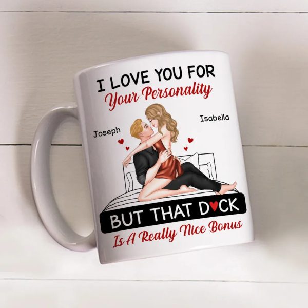 Personalized White Ceramic Mug for Couples with Hugging Bed Scene Fun Romantic Coffee Gift, A Really Nice Bonus Surprise