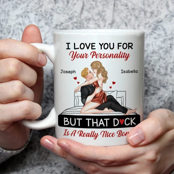 Personalized White Ceramic Mug for Couples with Hugging Bed Scene Fun Romantic Coffee Gift, A Really Nice Bonus Surprise