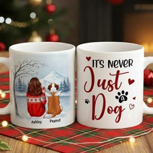 Personalized White Ceramic Mug for Dog Moms with Angel Pup Illustration, Winter Scene, Meaningful Pet Memorial Gift