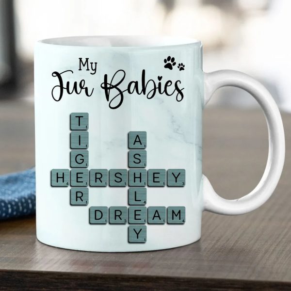Personalized White Ceramic Mug for Fur Babies Lovers with Crossword Pet Names, Cute Unique Gift for Dog or Cat Mom