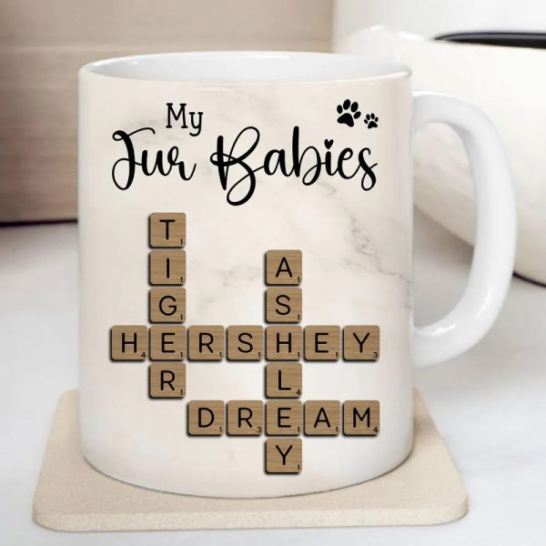 Personalized White Ceramic Mug for Fur Babies Lovers with Crossword Pet Names, Cute Unique Gift for Dog or Cat Mom