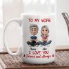 Personalized White Ceramic Mug for Wife, Cute Cartoon Couple Sitting, I Love You Forever and Always Unique Gift