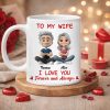 Personalized White Ceramic Mug for Wife, Cute Cartoon Couple Sitting, I Love You Forever and Always Unique Gift