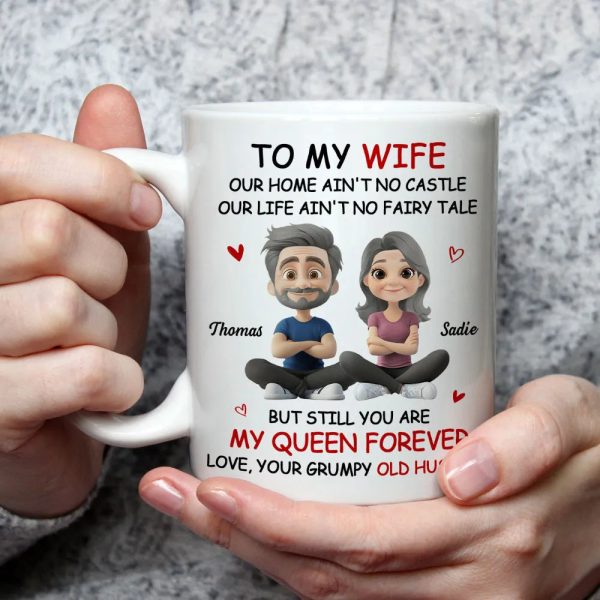 Personalized White Ceramic Mug for Wife from Husband, Cute Cartoon Couple, My Queen Forever, Unique Romantic Gift