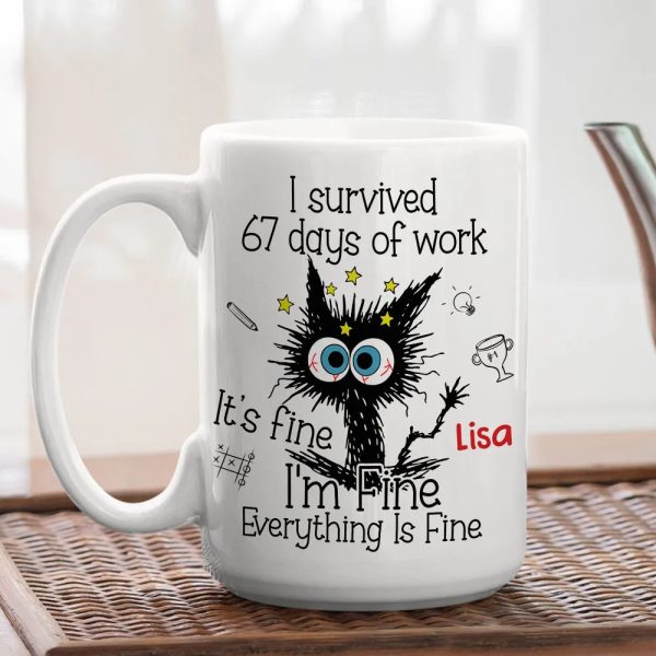 Personalized White Ceramic Mug for Workdays Survival, Funny Cat Cartoon Design, Unique Coworker Gift for Coffee & Tea Lovers