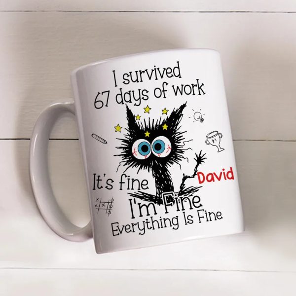 Personalized White Ceramic Mug for Workdays Survival, Funny Cat Cartoon Design, Unique Coworker Gift for Coffee & Tea Lovers
