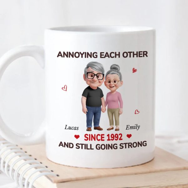 Personalized White Ceramic Mug with Cute Couple Cartoon and Hearts, Funny 'Annoying Each Other' Unique Gift for Couples
