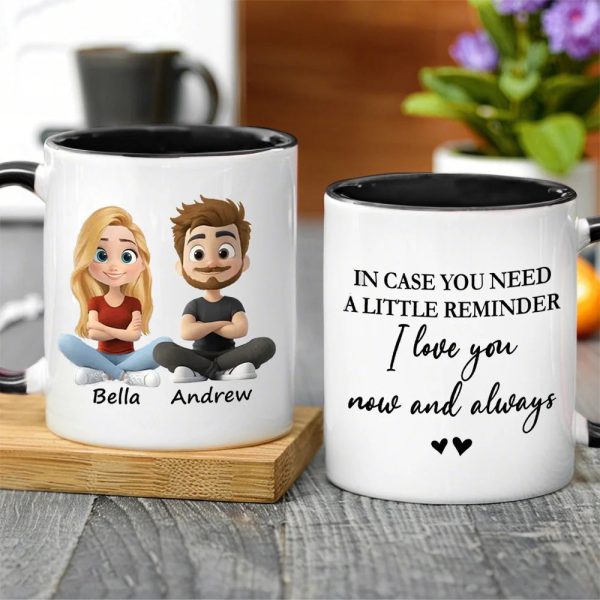Personalized White Ceramic Mug With Cute Couple Cartoon and I love you now and always - Unique Gift for Girlfriend or Wife
