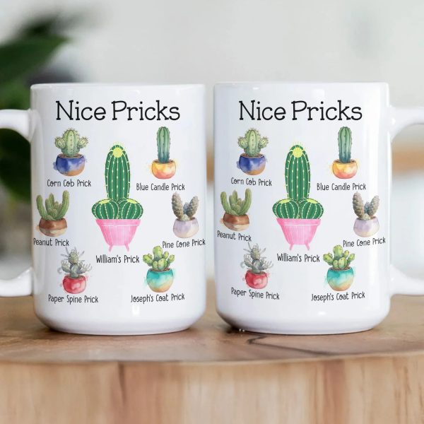 Personalized White Ceramic Mug with Funny Cactus Nice Pricks Design, Unique Gift for Husband or Boyfriend, Fun Naughty Coffee Gift