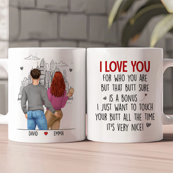 Personalized White Ceramic Mug with Hugging Couple Illustration, Funny Love Quote, Unique Romantic Gift for Partner