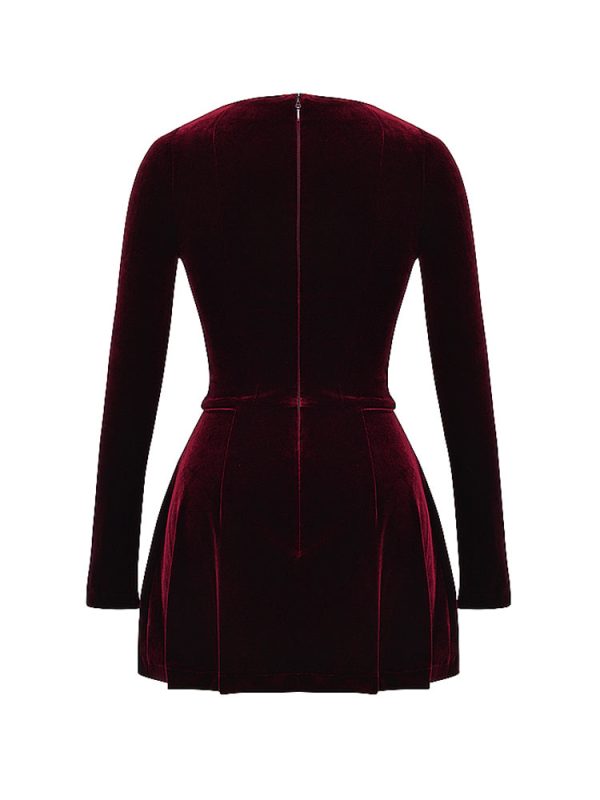 Pin Tuck V Neck Long Sleeve A-line Mini Dress