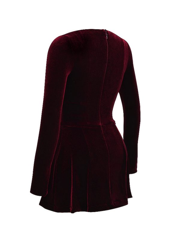 Pin Tuck V Neck Long Sleeve A-line Mini Dress