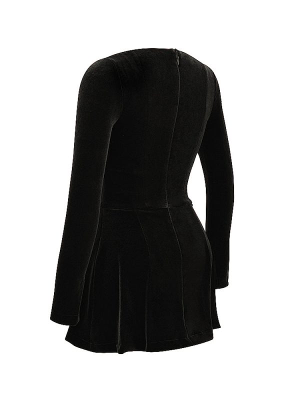 Pin Tuck V Neck Long Sleeve A-line Mini Dress