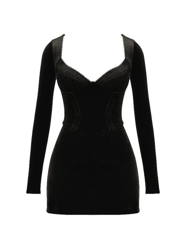 Pin Tuck V Neck Long Sleeve A-line Mini Dress