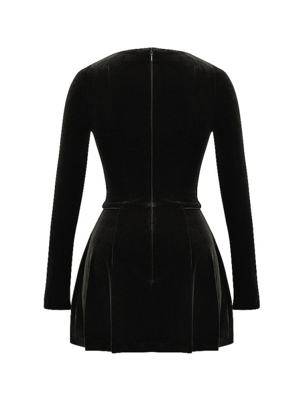Pin Tuck V Neck Long Sleeve A-line Mini Dress