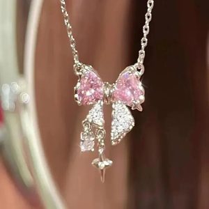 Pink Crystal Bow Pendant Necklace for Women