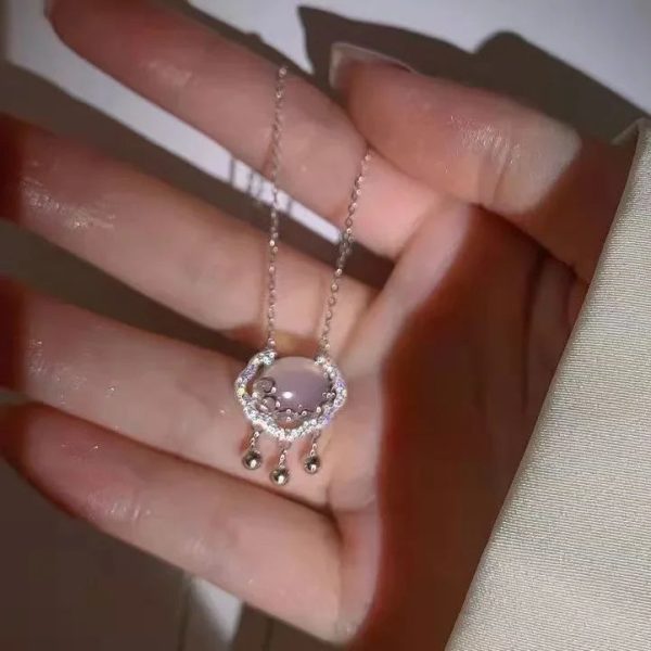 Pink Crystal Bow Pendant Necklace for Women