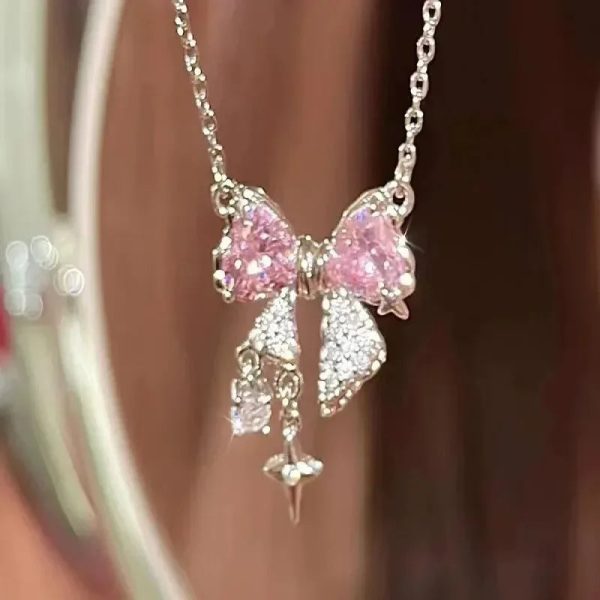 Pink Crystal Bow Pendant Necklace for Women