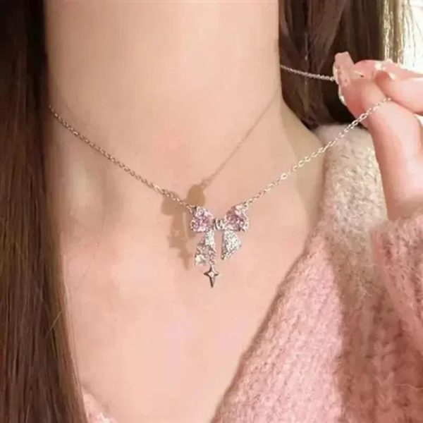Pink Crystal Bow Pendant Necklace for Women