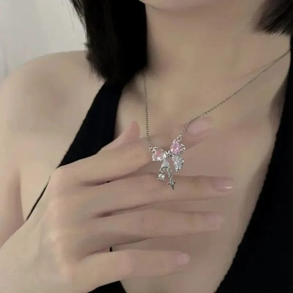 Pink Crystal Bow Pendant Necklace for Women