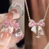 Pink Crystal Bow Pendant Necklace for Women