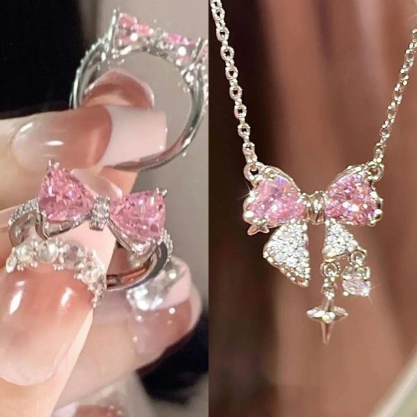 Pink Crystal Bow Pendant Necklace for Women