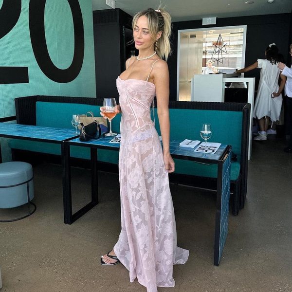 Pink Floral Lace Maxi Dress