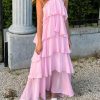Pink Halter Ruffled Layered Maxi Dress