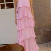 Pink Halter Ruffled Layered Maxi Dress