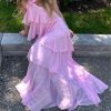 Pink Halter Ruffled Layered Maxi Dress