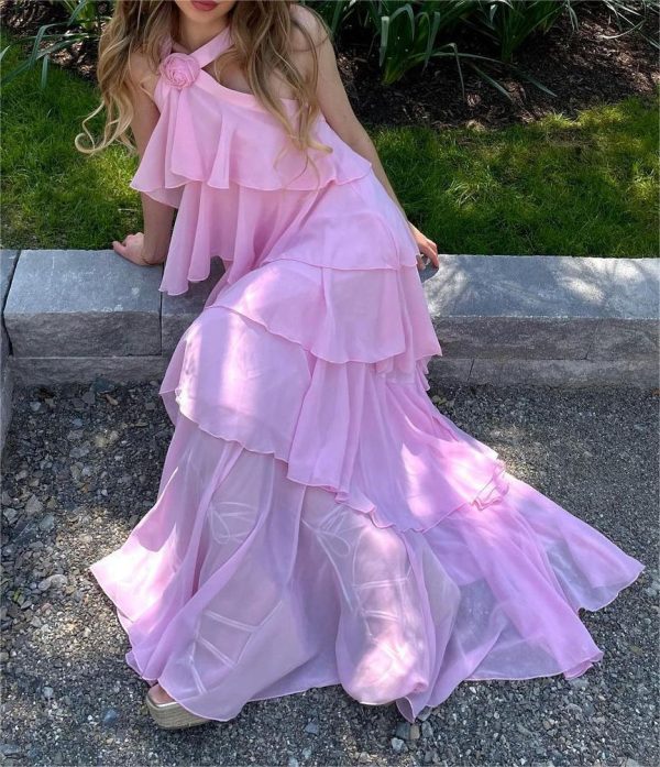 Pink Halter Ruffled Layered Maxi Dress