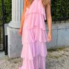 Pink Halter Ruffled Layered Maxi Dress
