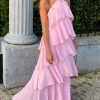 Pink Halter Ruffled Layered Maxi Dress