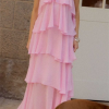 Pink Halter Ruffled Layered Maxi Dress