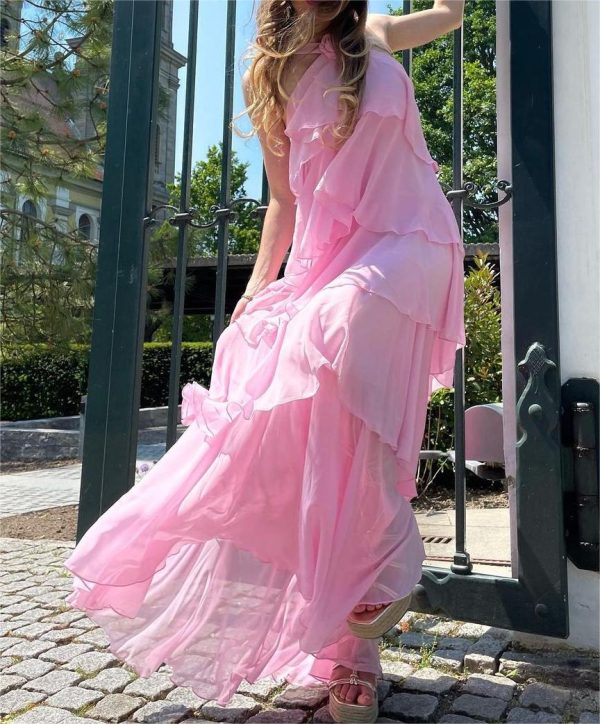 Pink Halter Ruffled Layered Maxi Dress