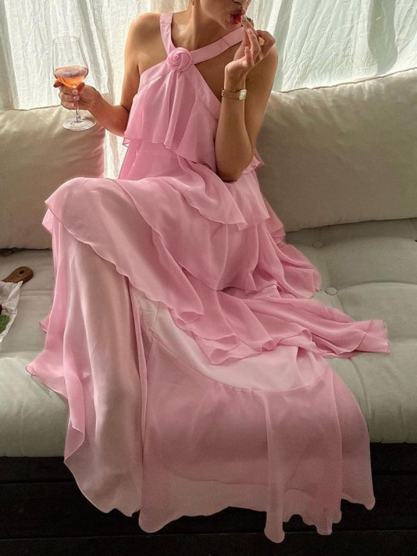 Pink Halter Ruffled Layered Maxi Dress