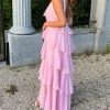 Pink Halter Ruffled Layered Maxi Dress