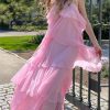 Pink Halter Ruffled Layered Maxi Dress