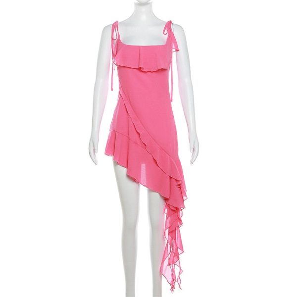 Pink Irregular Ruffle Tie-Up Strap Mini Dress