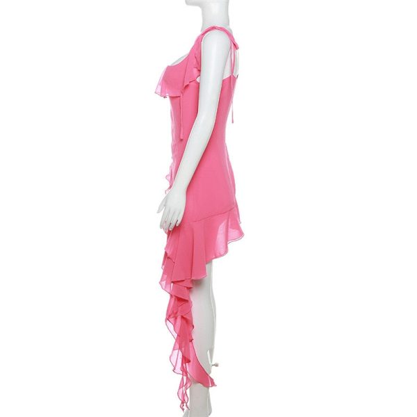 Pink Irregular Ruffle Tie-Up Strap Mini Dress