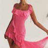 Pink Irregular Ruffle Tie-Up Strap Mini Dress
